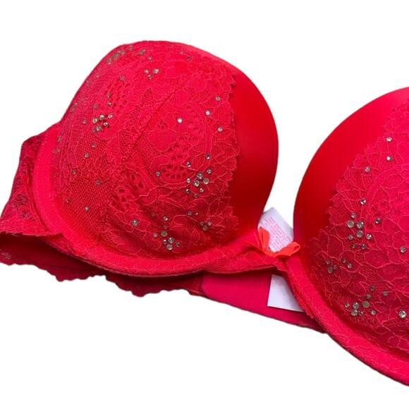 New Victoria's Secret Dream Angels Red Lace Embellished Sequin Push Up Bra 32DD - Picture 6 of 7